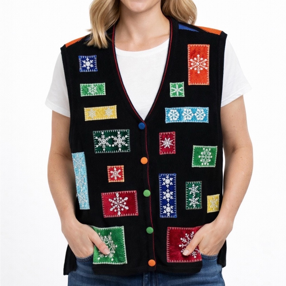 Westbound Vintage Women’s Size XL Sequin Snowflake Black Sweater Vest Christmas